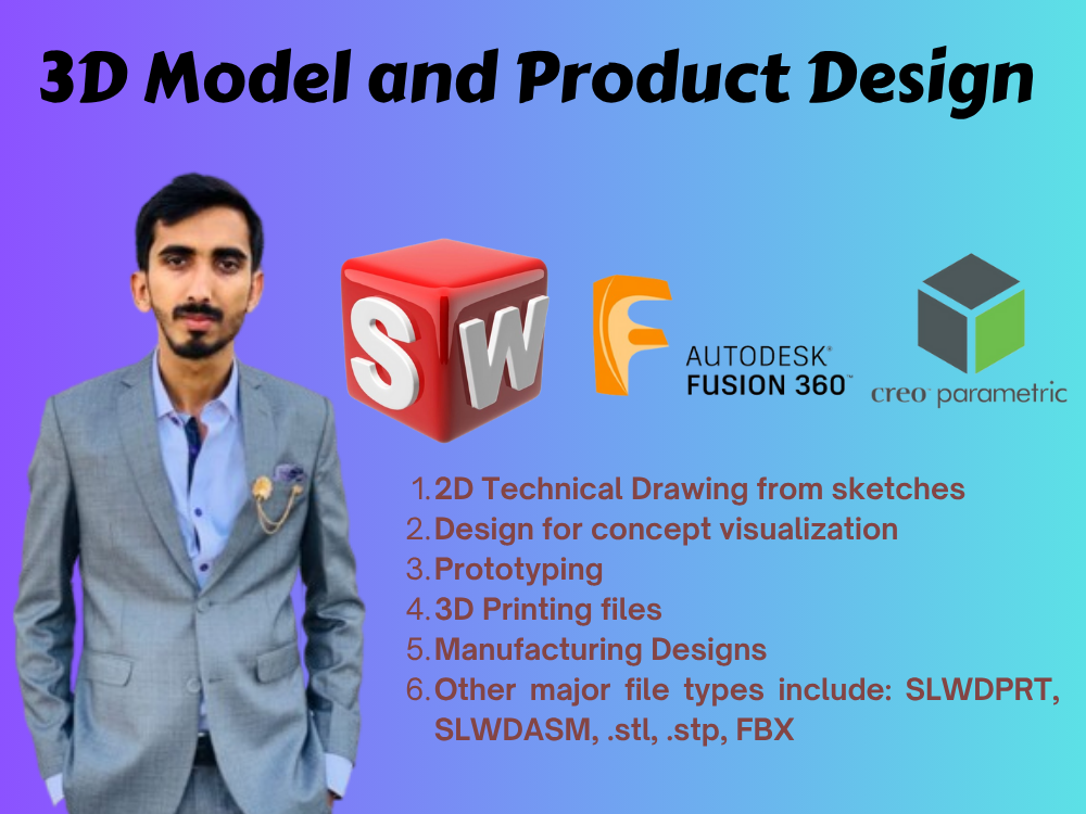 I will design complete mechanical products in SolidWorks, Fusion 360, or Creo
