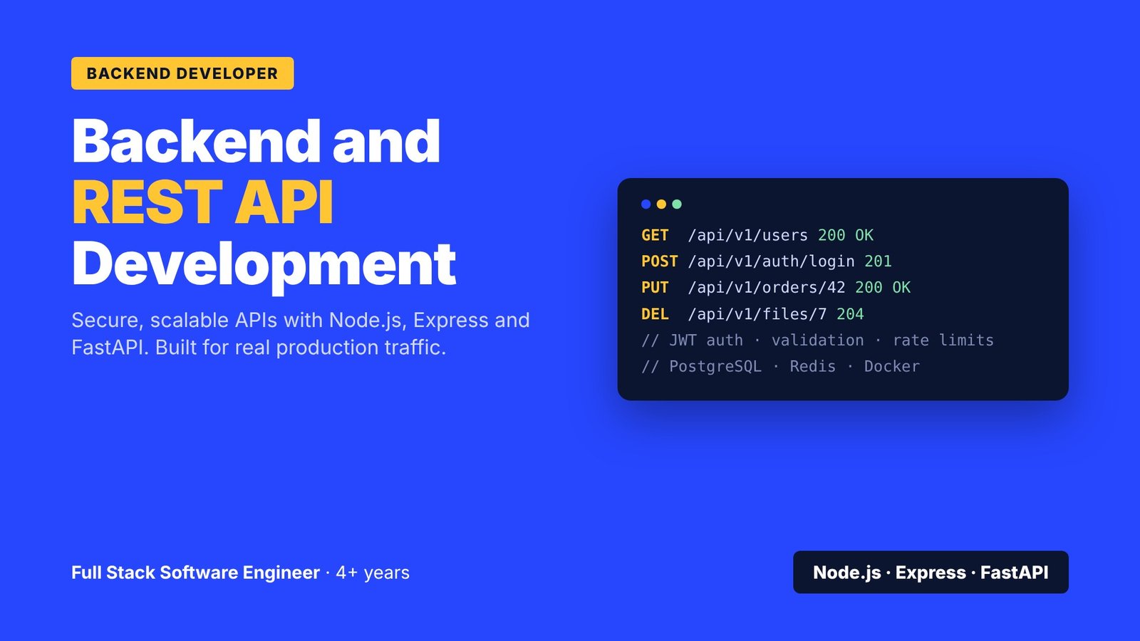 I will build secure backend and REST APIs using Node.js, Express and FastAPI