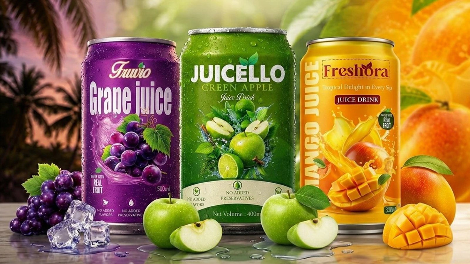 Fresh Juice Tin Can Packaging Design with Creative Branding and Professional Product Presentation